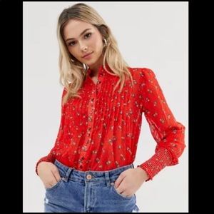 Free People Flowers in December Red Chiffon Blouse